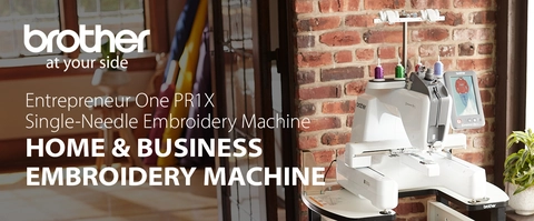 Headline: Entrepreneur One PR1X Single-Needle Embroidery Machine Subhead: HOME & BUSINESS EMBROIDERY MACHINE Logos: Brother At Your Side - PR1X in a roome setting.