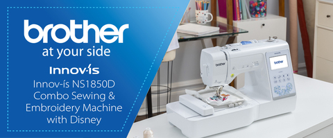 Header, blue background with Brother logo, product title next to a machine in a sewing room. 