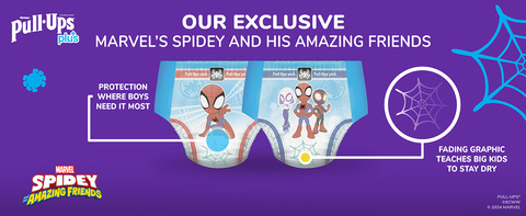 Pull Ups Plus training pants for boys feature exciting exclusive Marvel Spider-Man artwork