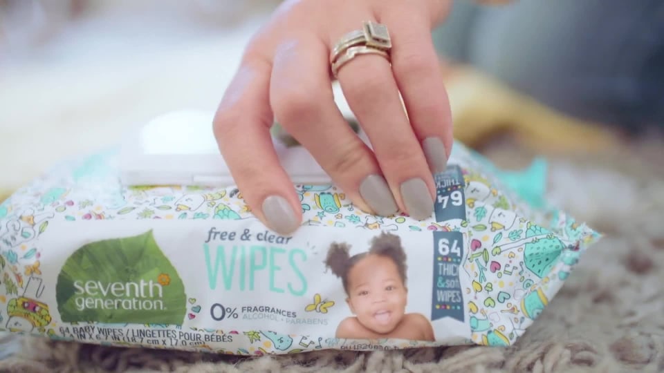 thumbnail video image 2 of Seventh Generation Free & Clear Unscented and Sensitive Baby Wipes 64 Ct, Case of 12, 2 of 6