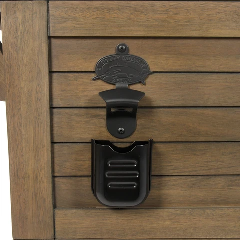 Attached bottle opener with cap catcher below.