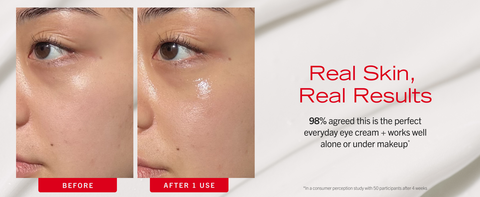 Skin before and after using hydrate + depuff eye cream showing visible brightness