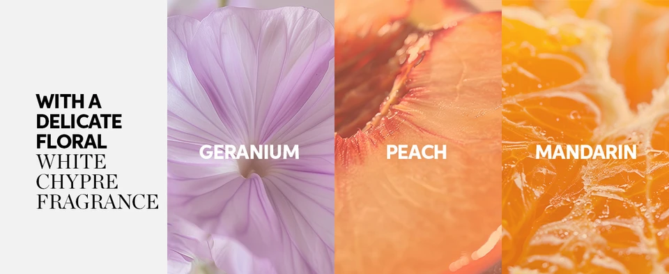 With a delicate floral white chypre fragrance with geranium, peach, and mandarin
