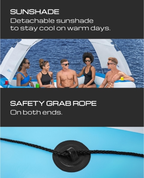 Stay cool on rainy days with the detachable sunshade and safety grab rope