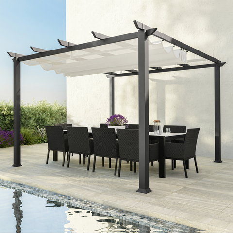 Modena Pergola wit h eight person dining table poolside