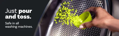 Just pour and toss. Safe in all washing machines. 