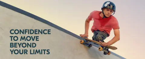 Text about confidence to move beyond limits next to a paralympic skateboard athlete practicing.