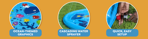 Features ocean-themed graphics, a cascading water sprayer and is quick and easy to set up