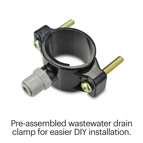 Pre-assembled wastewater drain clamp for easier DIY installation. 