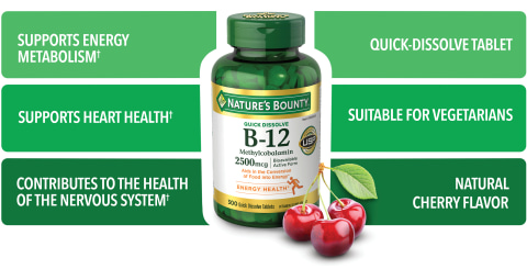Nature’s Bounty® B-12 methylcobalamin provides support for energy, heart and nervous system health.†