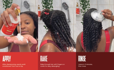 A woman in the shower applies shampoo, massages her curls & rinses, with bottles on shelves.