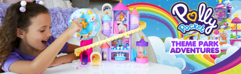  Polly Pocket Parque temático Rainbow Funland, 3 paseos, 7 áreas  de juego, muñecas Polly y Shani, 2 unicornios y 25 accesorios sorpresa (30  piezas de juego en total), gran regalo para