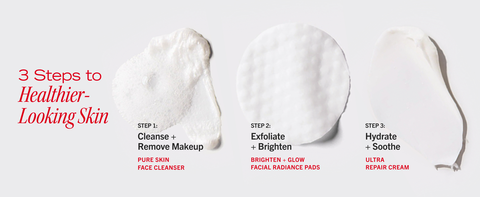 3 step routine for healthy skin: Swipe of cleanser, pad for exfoliation, and hydrating moisturizer