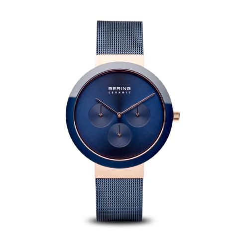 BERING Mens Ceramic Watch With Rose Gold Case & Blue Mesh Strap