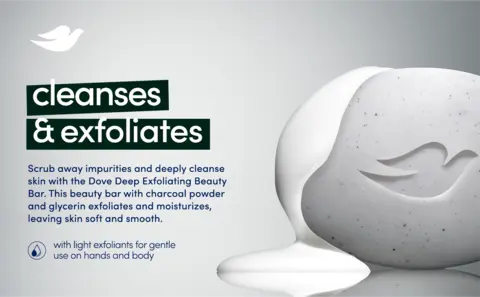 The title reads: cleanses and exfoliates. To the right is a close-up shot of a Dove gray soap bar dripping a creamy lather over a gray gradient background.