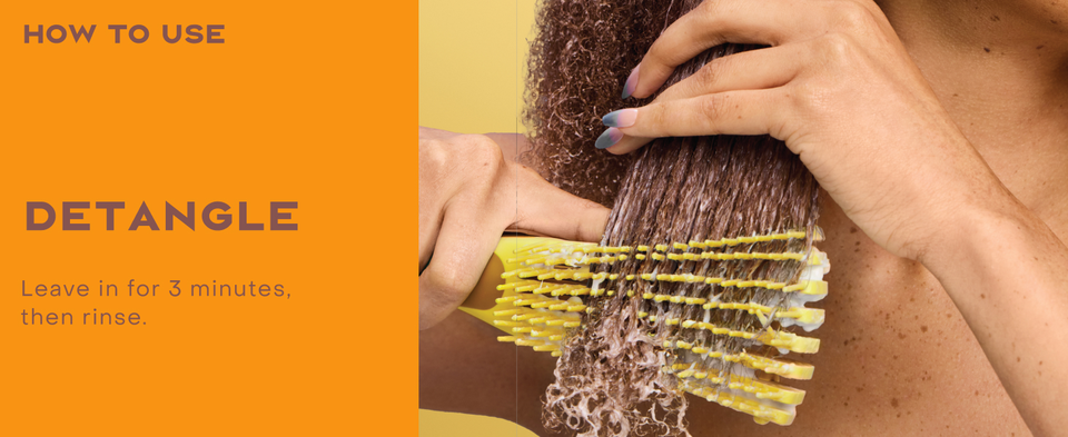 Image of a woman's hand combing wet curly hair, next to detangling instructions.