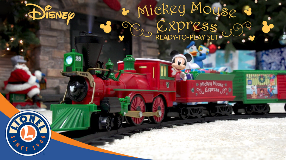 thumbnail video image 2 of Lionel Disney Battery Operated Mickey Mouse Express Toy Train Set with Bluetooth, Locomotive, Train Cars, and Track with Authentic Train Sounds, Lights, and Water Vapor Smoke Effects, 2 of 16