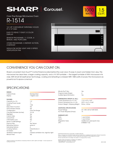 Sharp 1.5 Cu. Ft. 1000W Over-the-Range Microwave Oven with Concealed ...