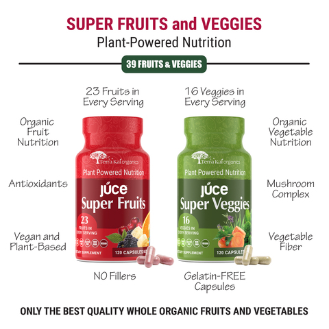 Super Fruits and Veggies—Plant-Powered Nutrition. 39 fruits and veggies. 23 fruits and 16 veggies in every serving. Organic superfood nutrition. Antioxidants for cellular repair. Plant-based energy. Mushrooms for immunity support. Vegetable fiber. Vegan, gelatin-free capsules. No fillers. Only the best quality whole organic fruits and vegetables.