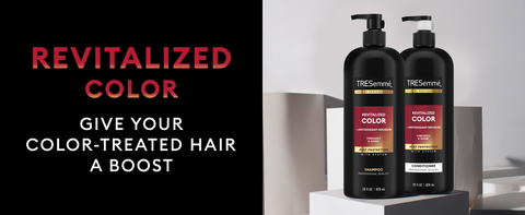 Text on black beside TRESemmé Collection with red labels &amp; styling products on a soft-lit surface.