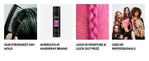 Comb through wet hair, hairspray bottle, braided hair closeup &amp; diverse women with bold styles.