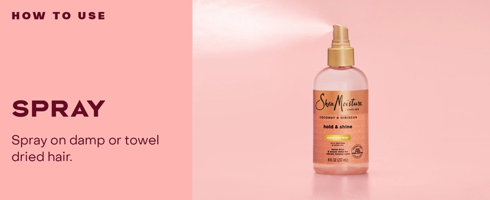 Front view of a SheaMoisture Hold &amp; Shine Hydration Mist bottle, next to spraying instructions.