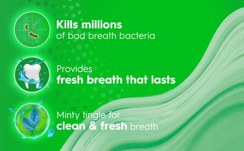 Main benefits presented with icons: kills millions of bad breath bacteria, provides fresh breath that lasts, minty tingle for clean and fresh breath.
