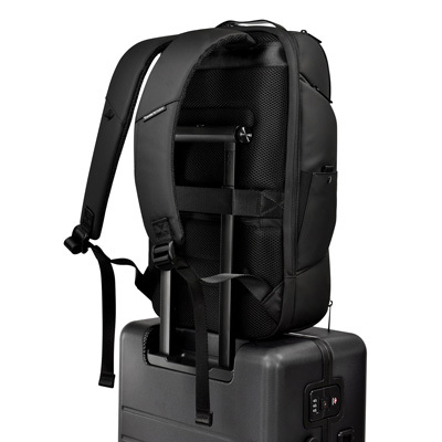 breenon backpack with a luggage loop, sitting on top of luggage