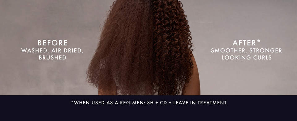 Back view of textured brown hair before treatment and smoother, stronger-looking curls after.