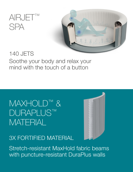 140 jets sooth your body and Stretch-resistant MaxHold fabric beams with puncture-resistant DuraPlus walls