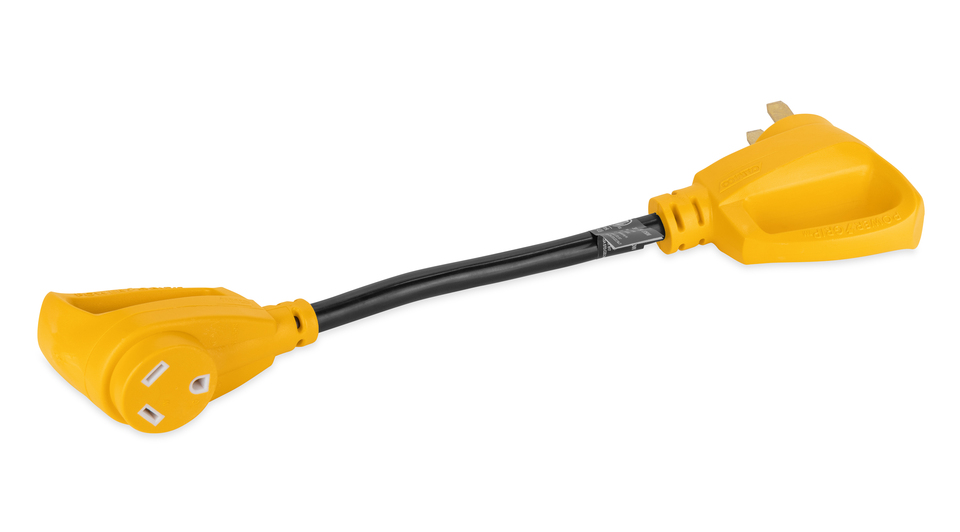 thumbnail video image 2 of Camco 55175 RV 18" 30-Amp Female/50-Amp Male PowerGrip Dog-Bone Electrical Adapter, 2 of 7