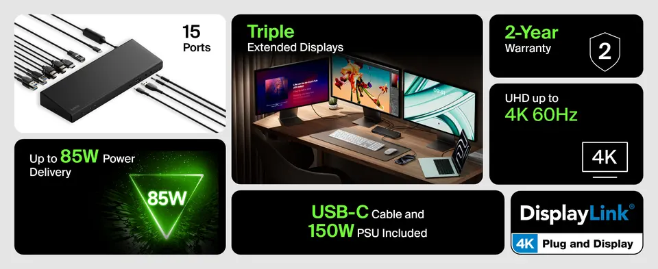 Belkin Universal USB-C Triple Display Dock - 85W PD - 3xHDMI