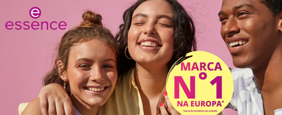 imagem mostrando três amigos sorrindo em um fundo rosa com a mensagem marca número 1 na europa, marca de cosméticos em unidades .