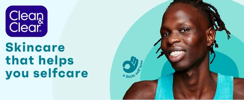 skincare that helps you selfcare Person smiling with purple clean &amp; clear logo in upper left corner