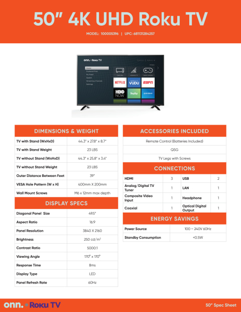 onn. 50" Class 4K UHD HDR10 Roku Smart LED TV (100005396) - Walmart.com
