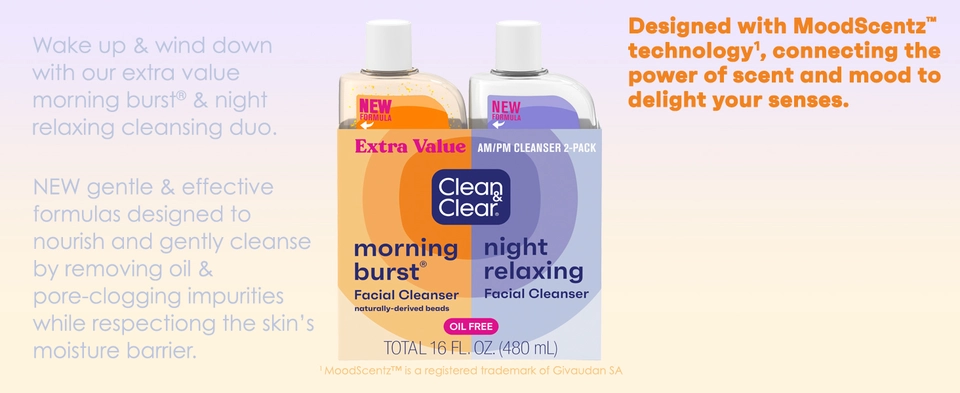 Clean & Clear Night & Day duo on light purple to orange gradiant background, moodscentz technology