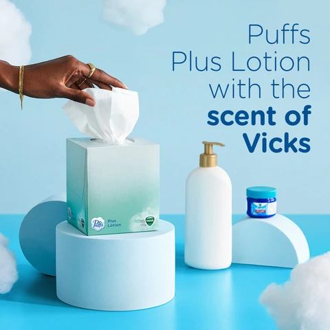 Puffs Plus Lotion, Vicks Scented Facial Tissues, White, 4