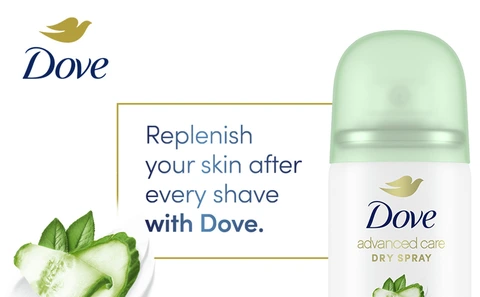 Product shot of 1 ounce dry spray with a cucumber slice and leaves near the headline: Replenish your skin after every shave with Dove.