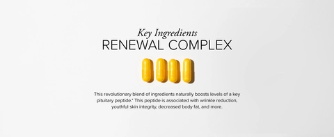 4 yellow SeroVital capsules lying in a row with text about its Renewal Complex, which boosts HGH naturally.*