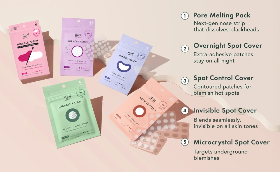 1. Pore melting pack: next-gen nose strip that dissolves blackheads. 2 Overnight Spot cover: Extra adhesive patches stay on all night. 3 Spot Control cover contoured patches for blemish hot spots. 4 Invisible Spot cover blends seamlessly, invisible on all skin tones. 5 microcrystal spot cover targets underground blemishes
