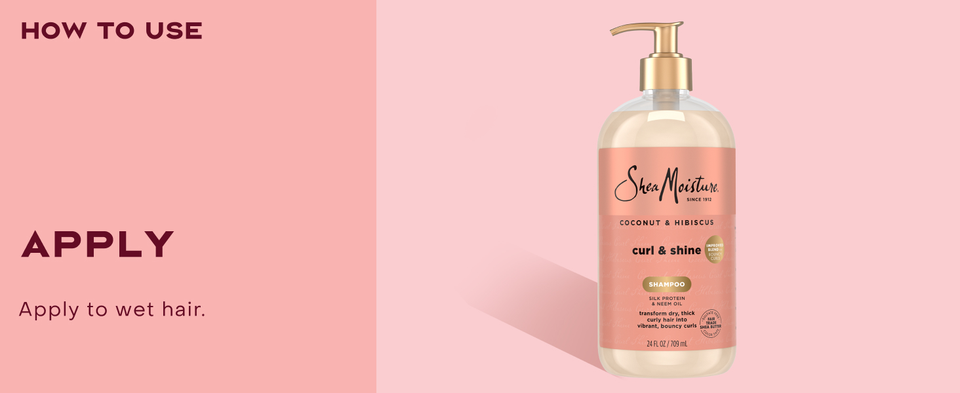 Image of the SheaMoisture Curl &amp; Shine Shampoo pump bottle, next to applying instructions.