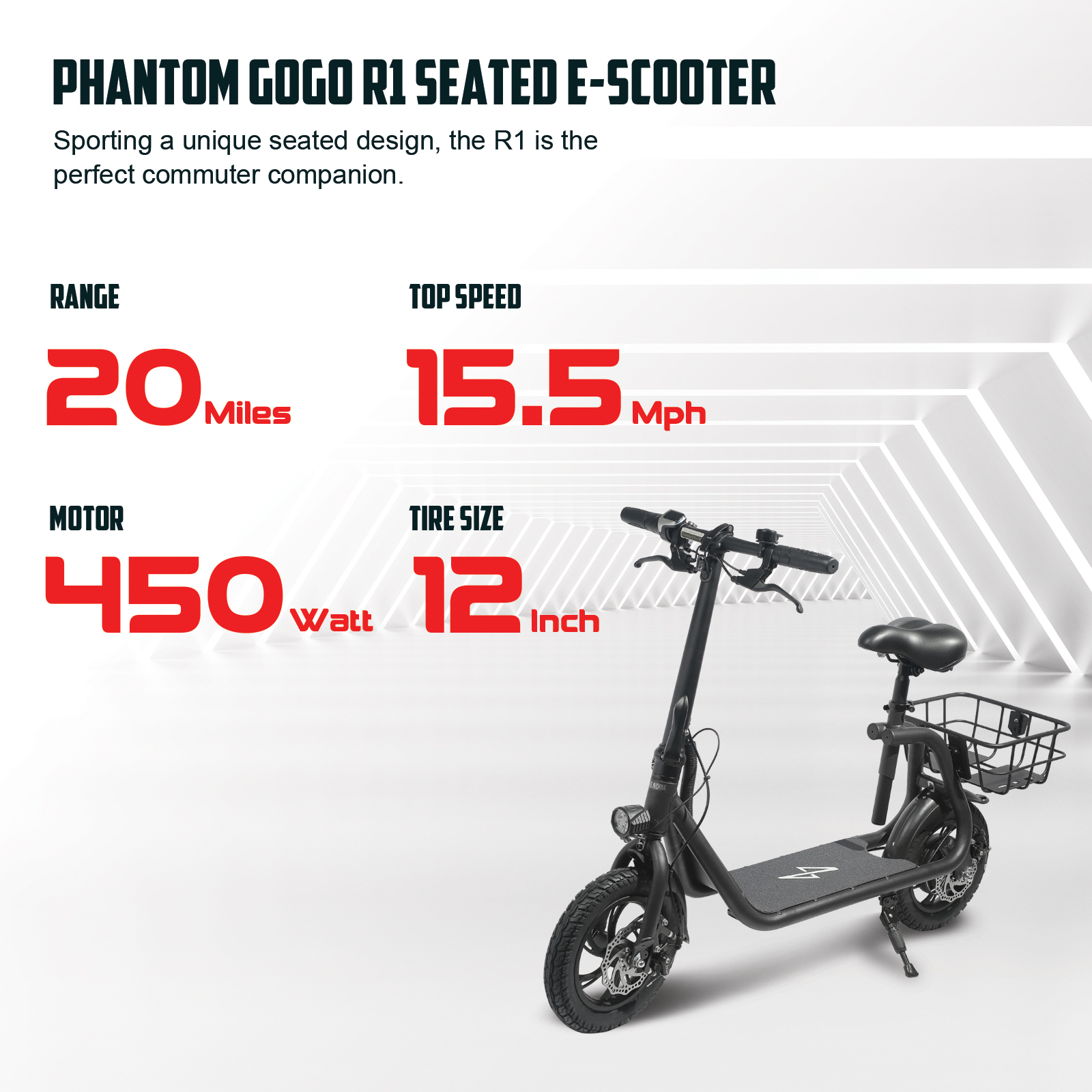 Phantom Gogo R1 Seated Electric Scooter, 450W Brushless Motor 36V