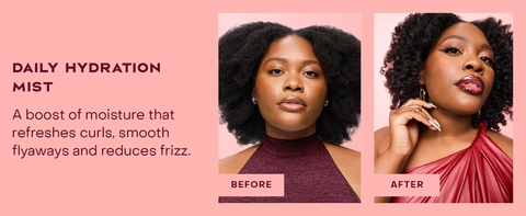 Two images of the same woman comparing her hair before and after applying our hydration mist.