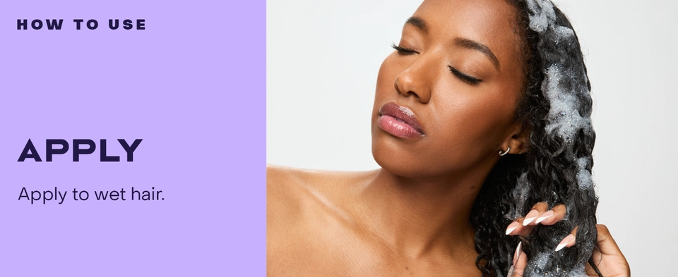 Text reads: "HOW TO USE: APPLY Apply to wet hair." Woman with medium skin tone applies product to wet, curly hair. Background is purple.
