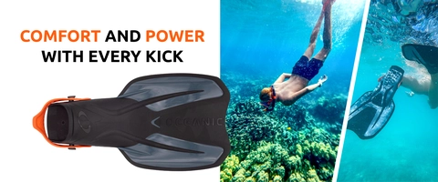 "Comfort and power with every kick", image of fin and two people snorkeling
