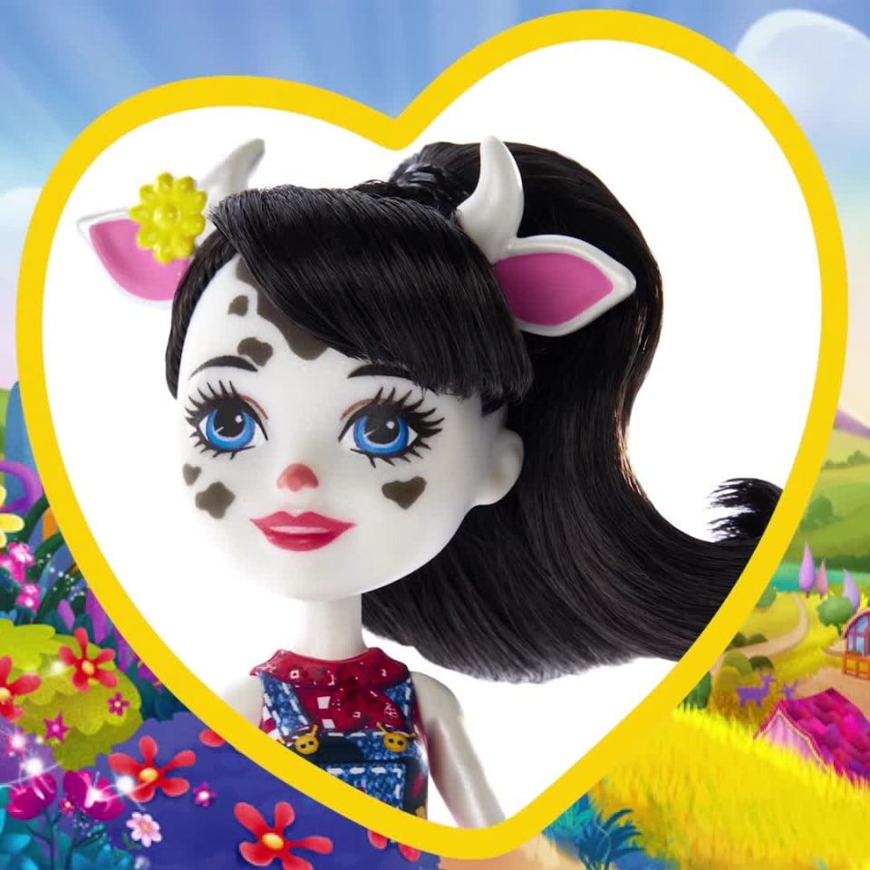 thumbnail video image 2 of Enchantimals Family Toy Set, Cambrie Cow Doll (6 inch) with Ricotta Cow and 2 Baby Cow Figures Action Figures, 2 of 9