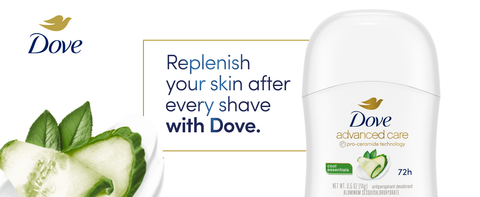 Cool Essentials antiperspirant stick next to slice of cucumber &  green tea leaves & Dove logo.