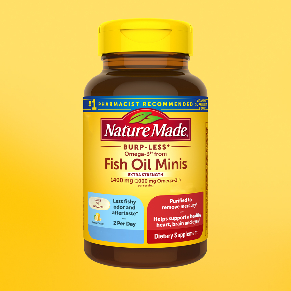 Nature Made Extra Strength Burp Less Omega 3 Fish Oil Supplements 1400 mg Minis Softgels 80 Count