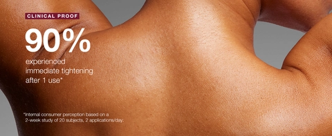 Skincare result image showing toned back with text stating 90% saw immediate skin tightening after one use