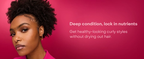 Image of a woman with curly hair, next to text highlighting some benefits of our product.